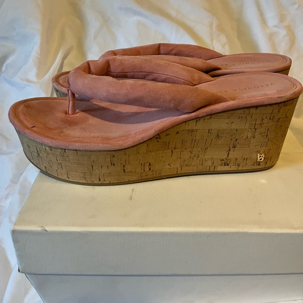 Veronica Beard Pink and Tan Wedge Sandals